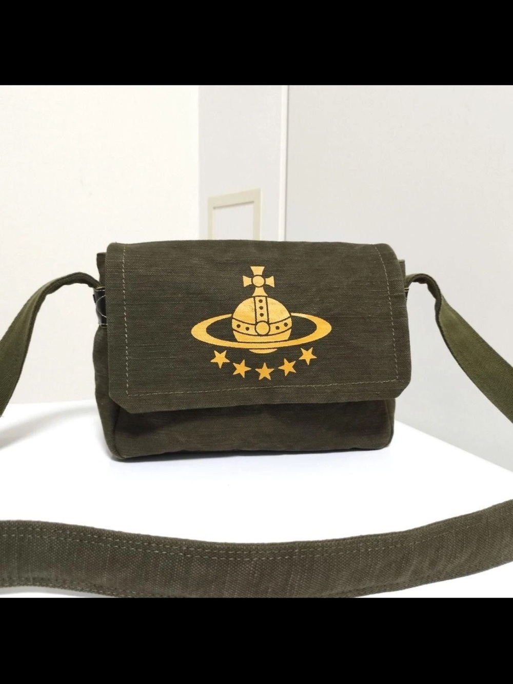 Vivienne Westwood Olive Canvas Crossbody with Yellow Orb Motif